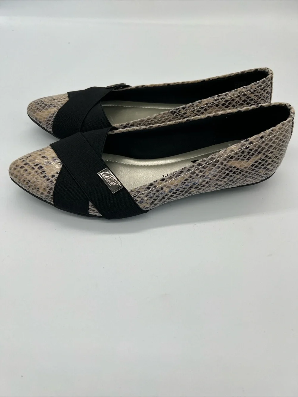 Ann Klein Women's Snake-Print Pointed Toe Flats in Beige and Black